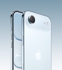iPhone Air, Sky Blue colour, back angled exterior, Fusion Main camera system in plateau at top, Camera Control button, front side exterior all screen design, action and volume buttons