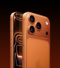 iPhone 17 Pro, Cosmic Orange colour, back angled exterior, Pro Fusion camera system in plateau at top, Camera Control button, front side exterior all screen design, Action and volume buttons